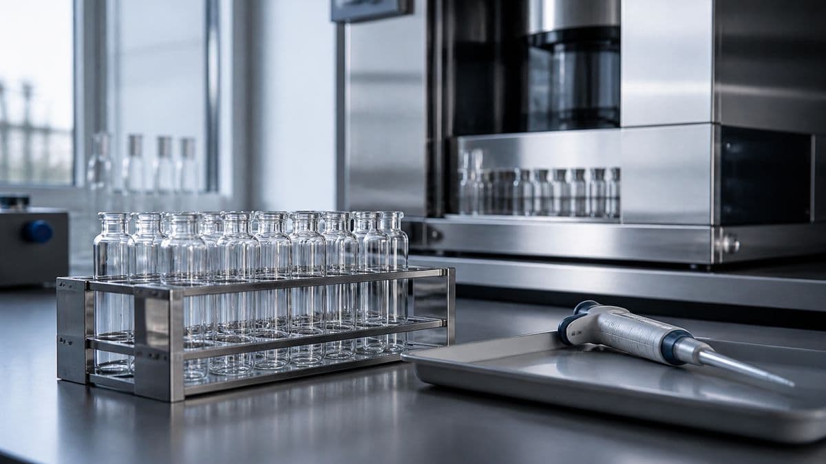 Sample vials in a rack on a stainless lab bench